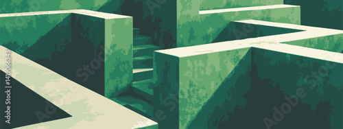 Intricate Green Maze Design with Abstract Paths and Steps, Perfect for Symbolizing Challenges and Problem-Solving Concepts in Creative Projects
