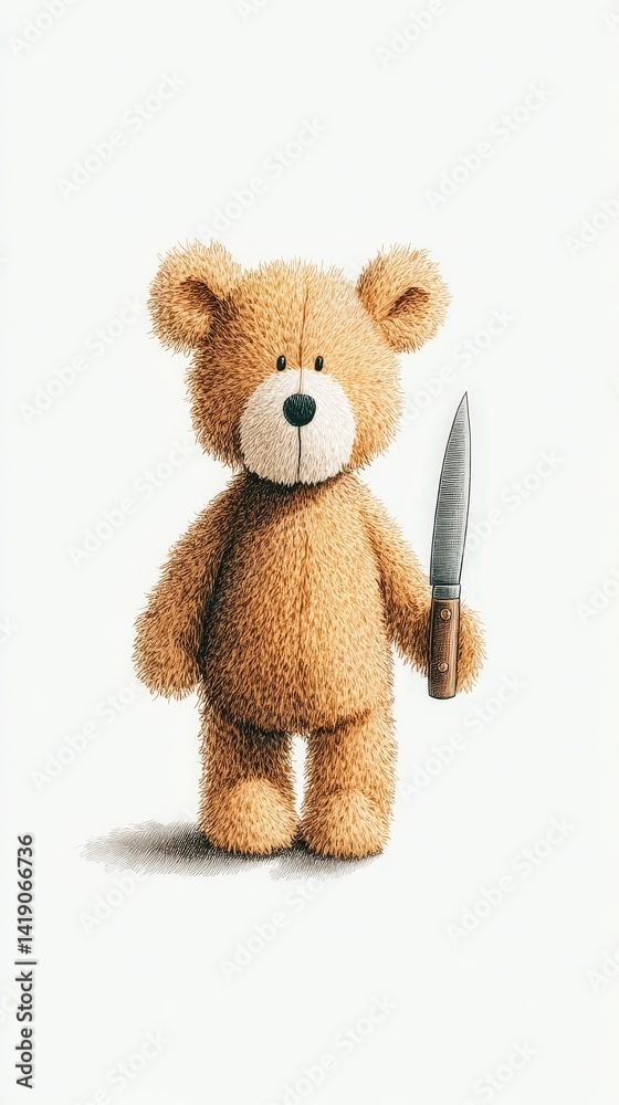 Fototapeta premium Spooky Teddy Bear with Knife Halloween Illustration Cute Creepy Dark Humor