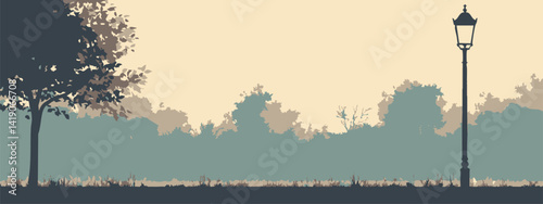 Serene Park Landscape at Dusk with Vintage Lamp Post and Tree Silhouette Against Soft Pastel Sky