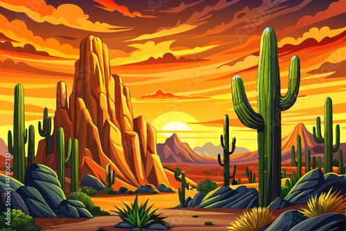 A large saguaro cactus vector dominates this arid Sonoran desert landscape at sunset time with amazing sky and rocks