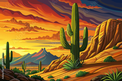 A large saguaro cactus vector dominates this arid Sonoran desert landscape at sunset time with amazing sky and rocks