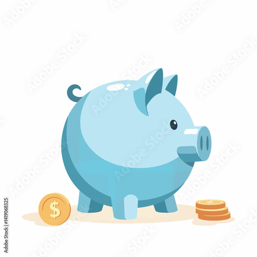 Glossy blue piggy bank on clean desk with coins, savings concept