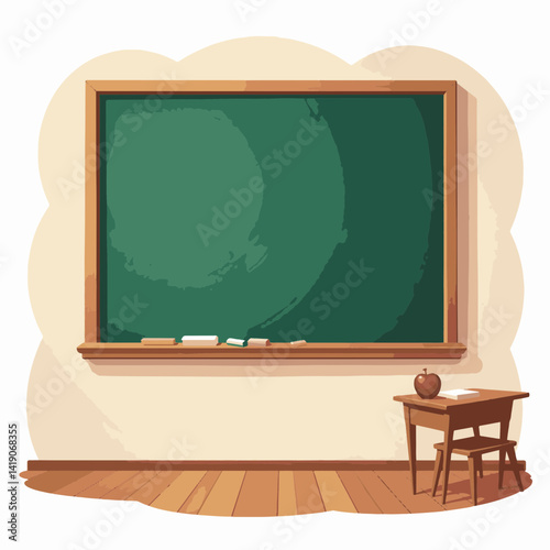 Classic blackboard and wooden desk in minimalist classroom, education