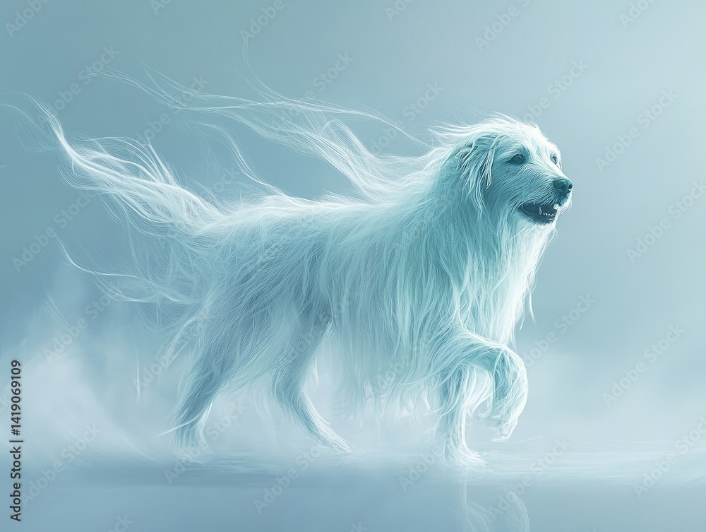 A ghost dog with a faint, glowing aura, wagging its tail as if still loyal to its owner, isolated pale blue background A ghost dog with a faint, glowing aura, wagging its tail as if still loyal to its owner, isolated pale blue background