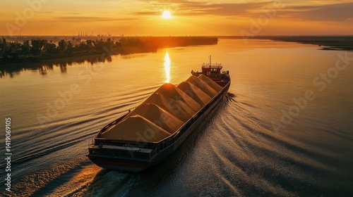 Obraz na płótnie A sand transport boat gliding across the river, with piles of golden sand in its cargo hold, as the sun sets in the background, casting warm light on the scene. w salonie