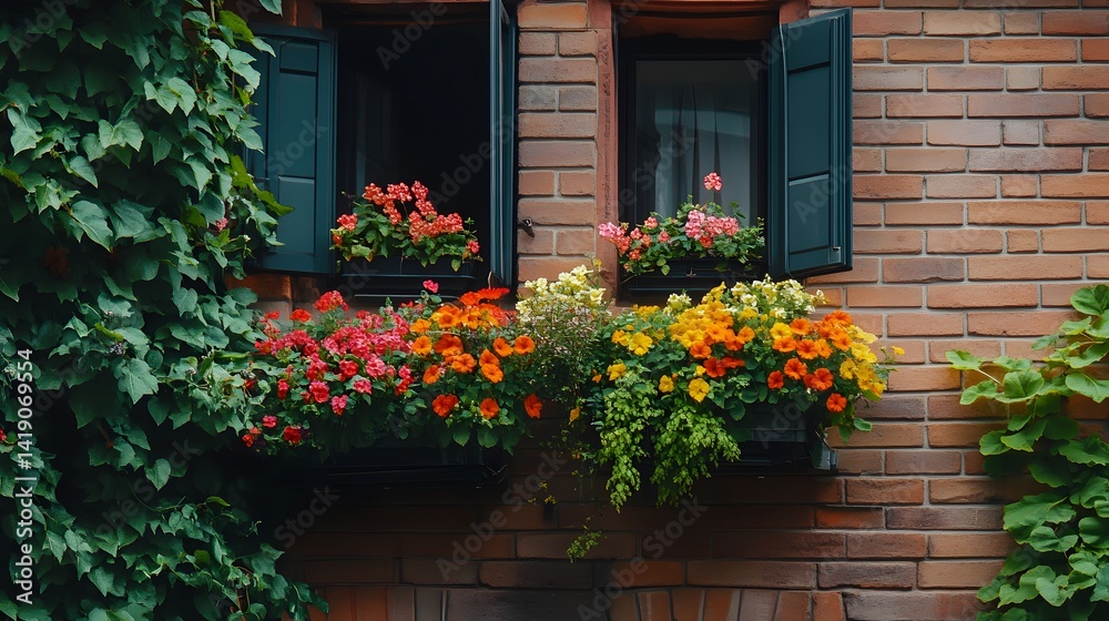 Fototapeta premium A brick rowhouse with flower boxes in the windows