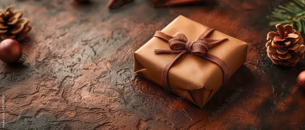 Wrapped festive gift with ribbon on rustic holiday background