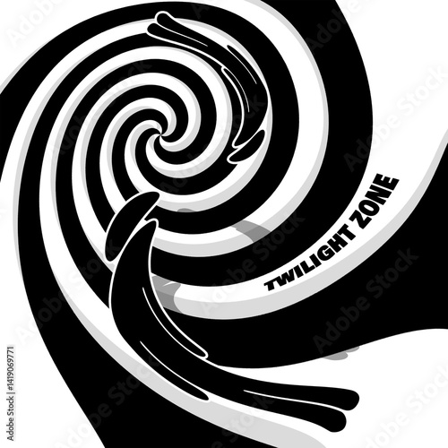 Twilight Zone Day to celebrate on May 11th. A hypnotic black and white spiral design with distorted illustrations of people being sucked into the center of the spiral.