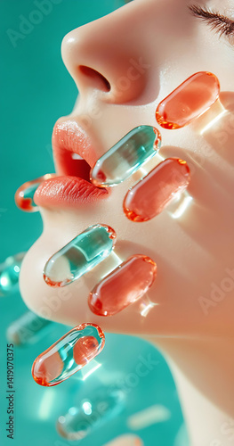 Close-up of a human face with floating glossy capsules in teal and coral, symbolizing society’s dependence on pills and medication, set against a vibrant turquoise background.