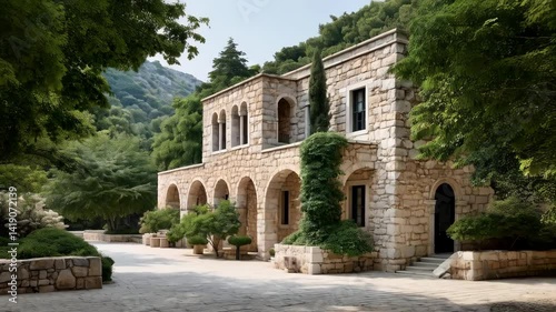 Historic stone building featuring an impressive clock on the facade surrounded by lush greenery in a picturesque setting