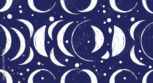 Seamless vertical pattern featuring hand drawn white crescent moons and dots