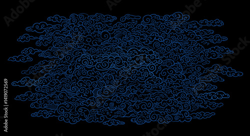 Intricate hand drawn blue swirling clouds pattern illustration forming a dense mass 