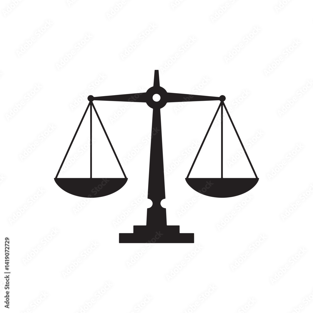 Black Balance Scale Icon with Symmetrical Pans Representing Justice, Fairness, and Equality as a Symbol for Legal Systems, Editable Vector Illustration isolated on a white background Black Balance Scale Icon with Symmetrical Pans Representing Justice, Fairness, and Equality as a Symbol for Legal Systems, Editable Vector Illustration isolated on a white background