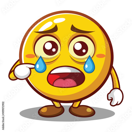 Sad, crying cartoon emoji character pointing
