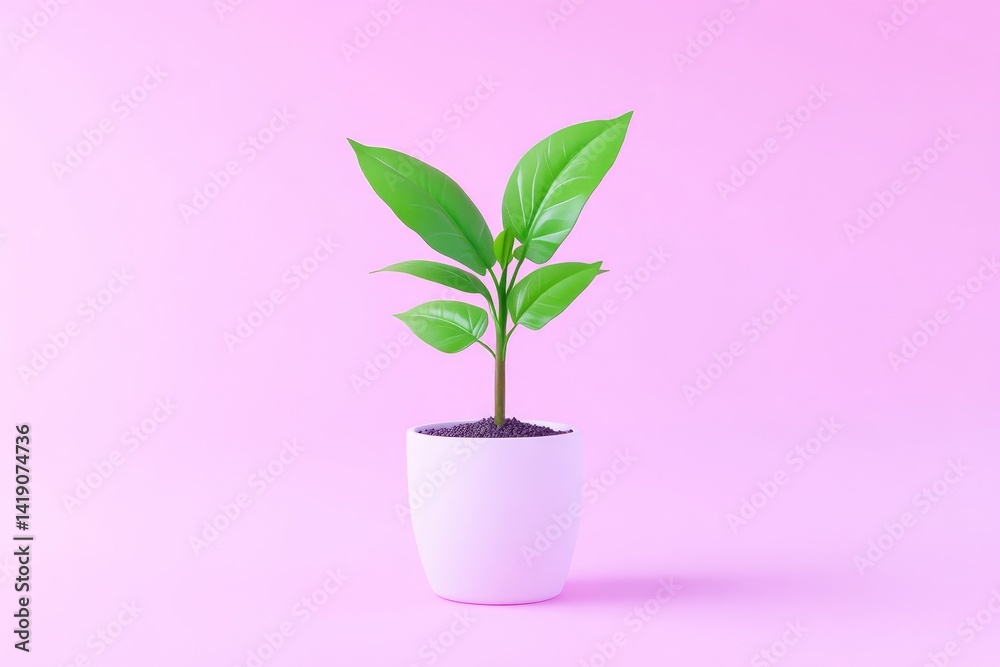 Small plant in a white pot on a pink background Small plant in a white pot on a pink background