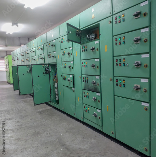 This image shows an Industrial Electrical Control Panel, likely located in a factory or a power plant.