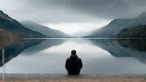 Person sitting on a rock overlooking a serene lake while another enjoys the beach and scenic views of nature