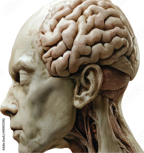 a surreal image of a human face with closed eyes, seamlessly merging into an exposed brain at the top of the head	
