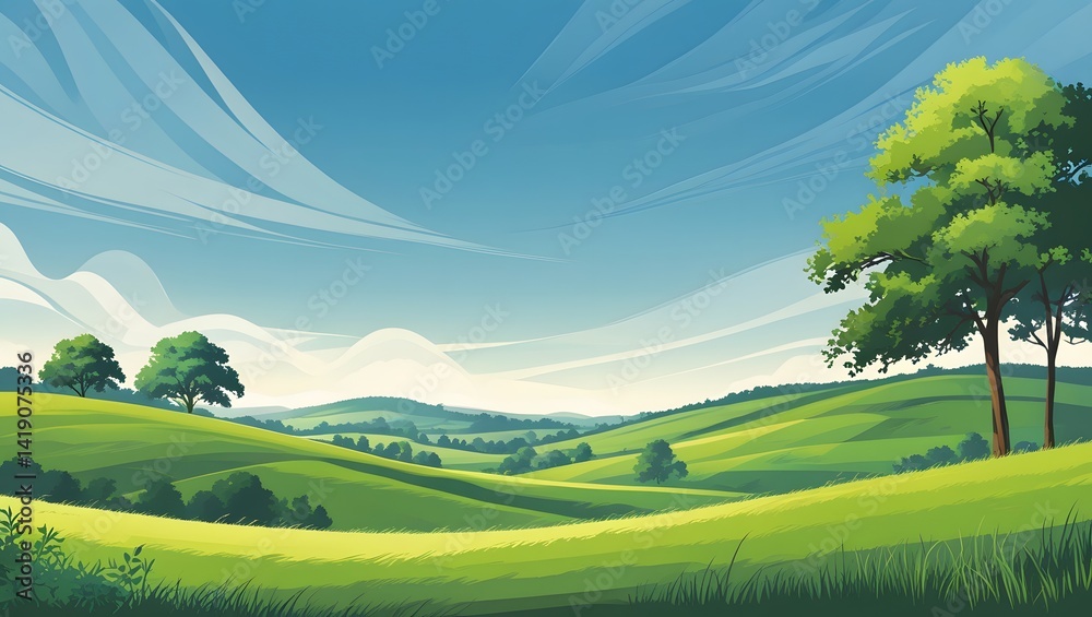 Serene Green Hills and Trees Under a Vibrant Blue Sky with Whimsical Clouds Serene Green Hills and Trees Under a Vibrant Blue Sky with Whimsical Clouds