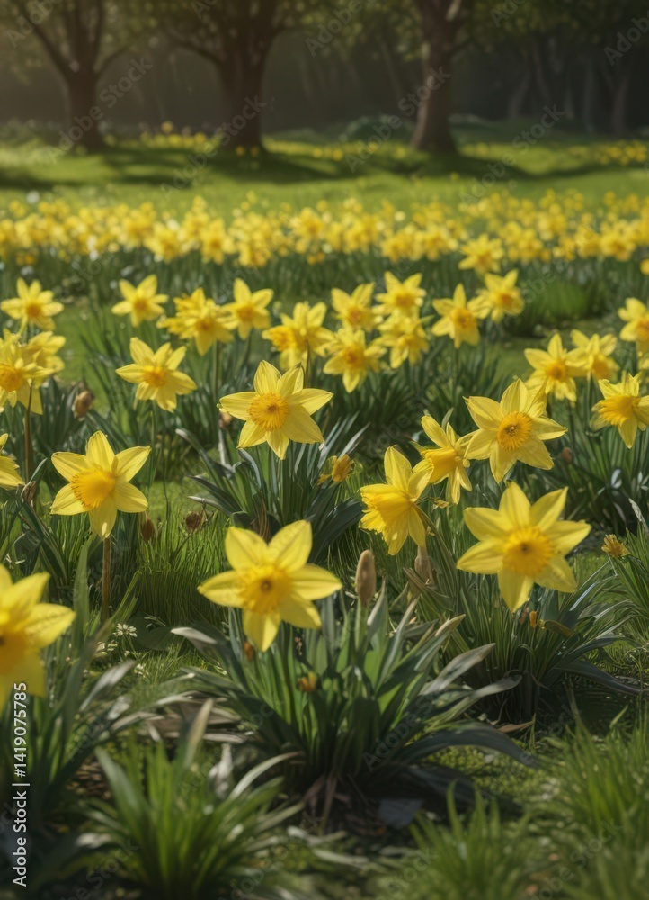 Fototapeta premium Sunlit daffodils burst forth in vibrant yellow against a lush green meadow , botany, flora