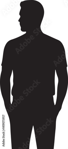 A simple bold black and white silhouette illustration of a man standing with hands in pockets