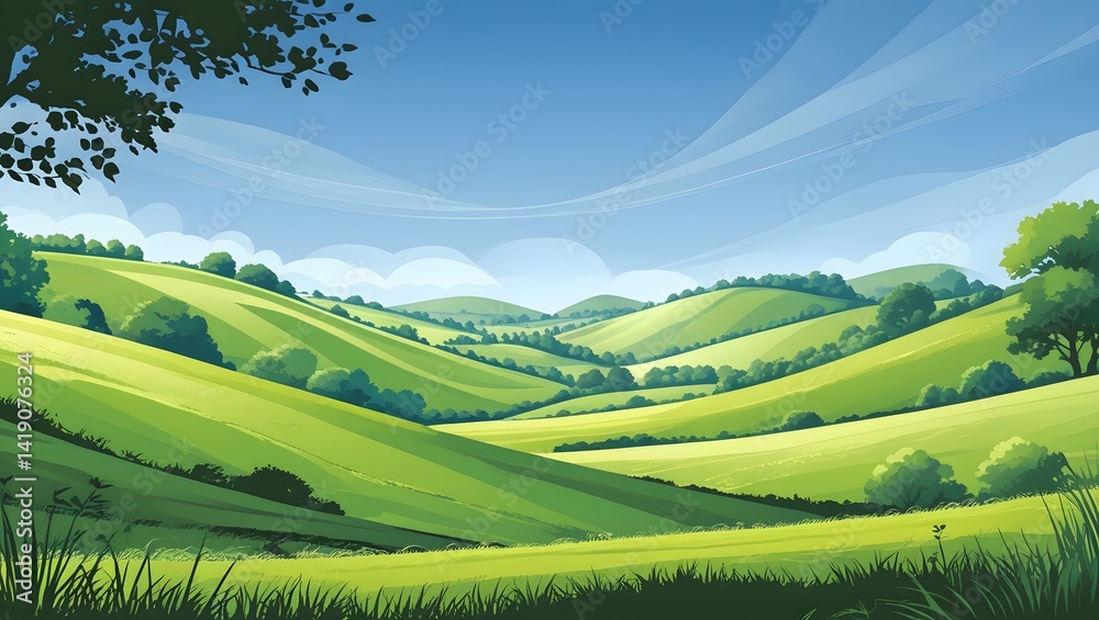 Fototapeta premium Rolling Hills Embraced by Sunlight and Skies, A Portrait of Tranquil Greenery