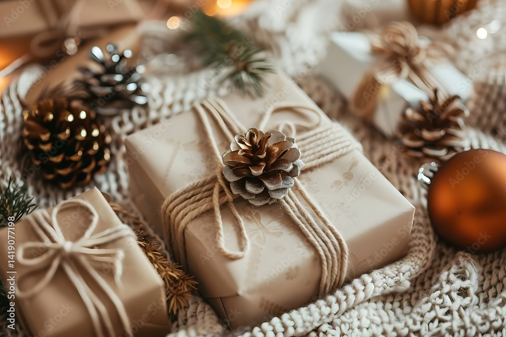Discover the Joy of Festive Gift Wrapping: Elegant Twine, Natural Pine Cones, and Soft Knit Textures Create a Cozy Winter Wonderland for Presents, Embracing Simplicity and Rustic Charm for a Memorable