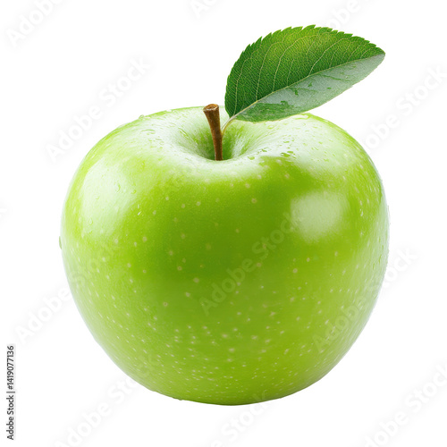 Vibrant green apple with leaf isolated on white background showcasing fresh fruit details, green apple isolated onwhite background photo
