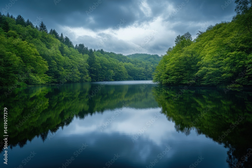 Serene lake reflections embraced by vibrant woodland beneath a moody, overcast sky perfect for nature enthusiasts and peaceful retreat imagery Serene lake reflections embraced by vibrant woodland beneath a moody, overcast sky perfect for nature enthusiasts and peaceful retreat imagery