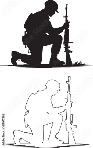 Two black and white silhouette illustrations of a soldier kneeling, rifle in hand, in a solemn pose.