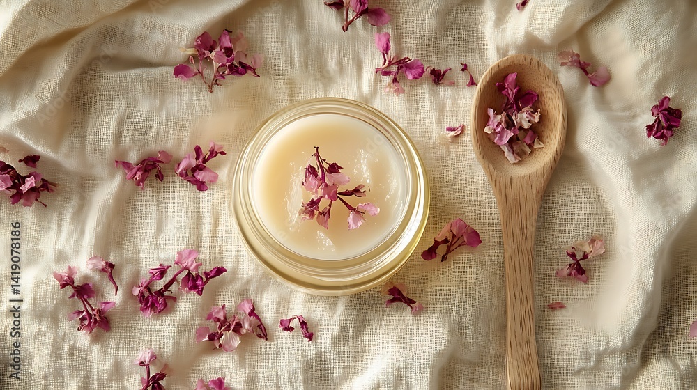 Artistic overhead shot of red sorrel lip balm in a glass jar, with floral infusions visible, styled with a wooden spoon and scattered dried sorrel petals, flat lay on linen fabric.