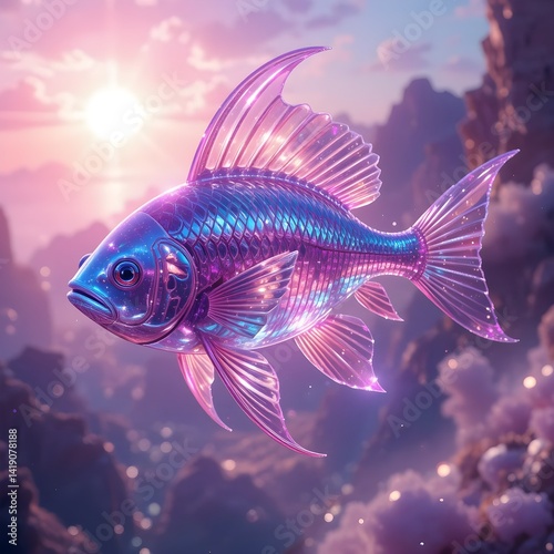 This captivating sci-fi concept art piece shows a Mercurian plasma fish floating in a thin environment, its transparent skin refracting vivid bright pink, blue, and purple hues while sparkling like cr photo