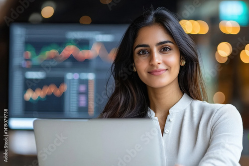 young indian business woman working on laptop at office photo