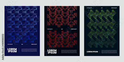Postmodern vector with geometric pixel disintegration background,  set of posters symbols mosaic textures with abstract square particles for media digital, disintegration for figures dispersed dotted