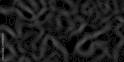 Topographic contour map vintage old style on dark background, black and white stylized height of the line map geography mountain relief contour map linear seamless pattern texture background.