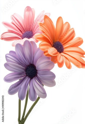 Colorful Flowers Arrangement on White Background with Petals and Stems