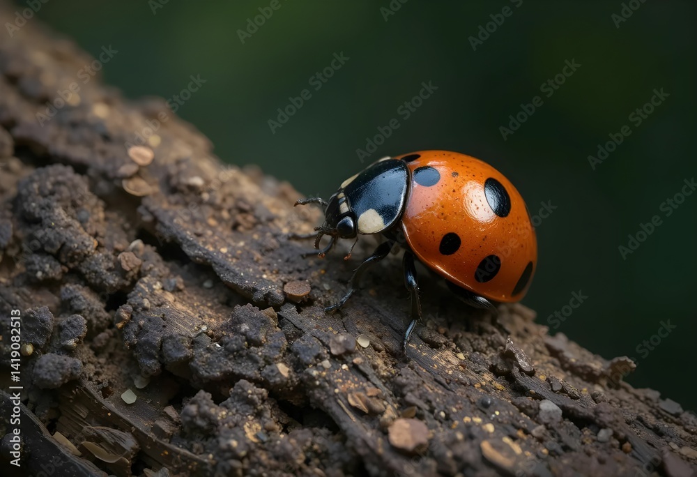 Fototapeta premium Side profile of a ladybug on a textured bark surface, highly detailed, dramatic natural lighting.