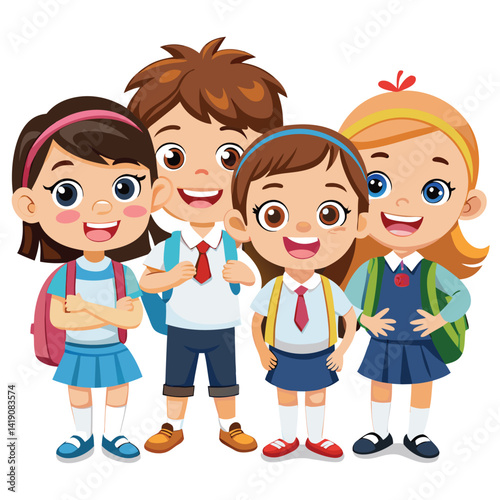 Four happy children in school uniform