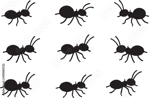 A set of black and white, simple, silhouette vector icons depicting ants, bees and flowers.