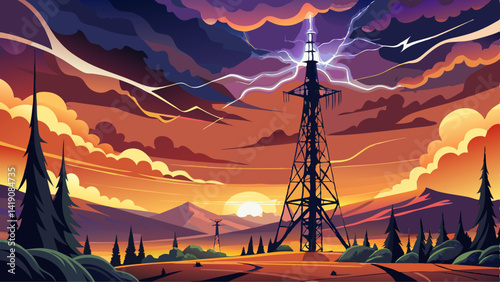 Dramatic lightning strike behind a tall communication tower during a fiery sunset