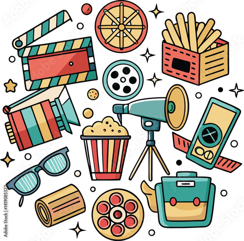 This vector set showcases movie icons, a cinema illustration with symbols like popcorn and film, perfect for web design