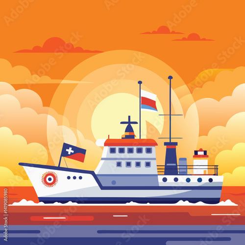 A cruise ship, a large marine vessel for travel and vacation, sails on the vast ocean under the sky, creating a nautical scene with waves