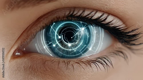 Surreal close-up of a woman's eye featuring a futuristic eyeball design with a high-tech interface and vibrant colors