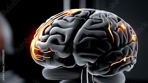 Human brain illuminated with glowing orange light symbolizing intelligence and cognitive power in abstract artistic concept