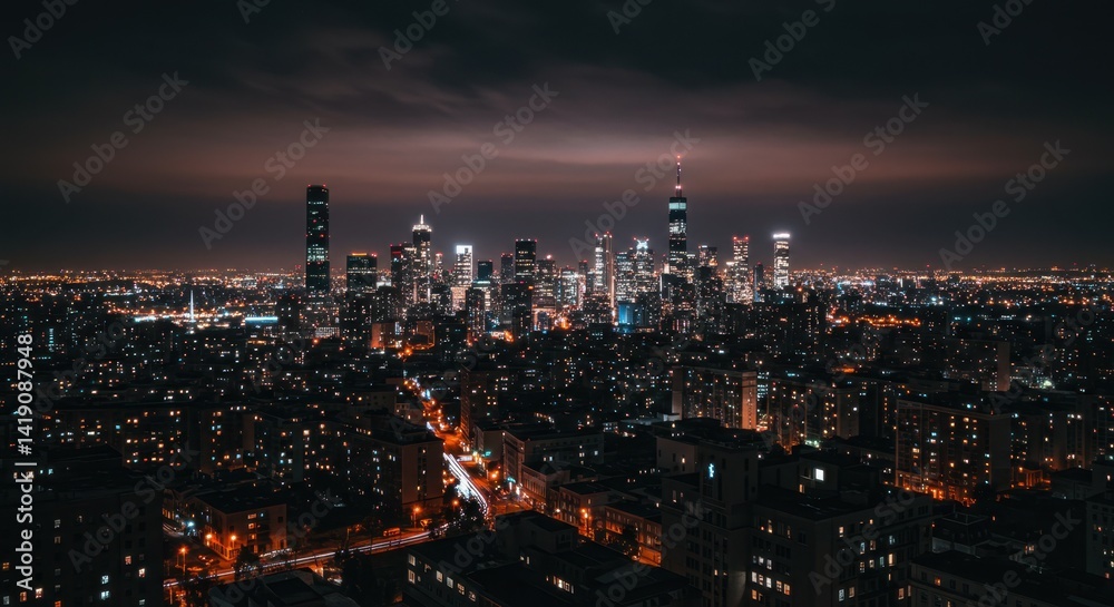 Fototapeta premium Night City Lights Aerial View