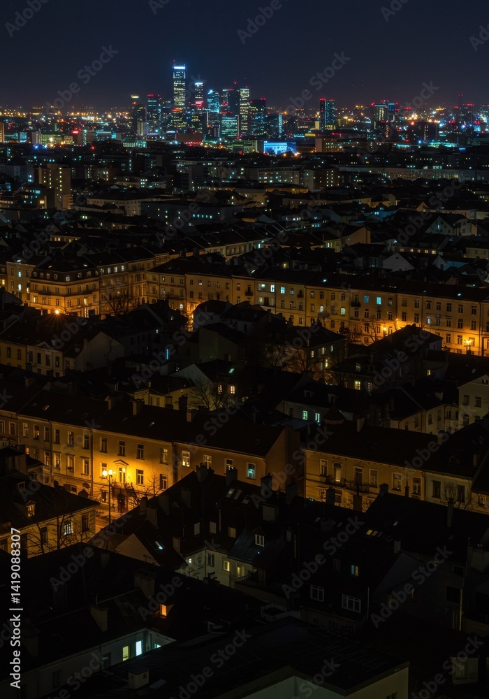 Fototapeta premium Night City Lights Aerial View