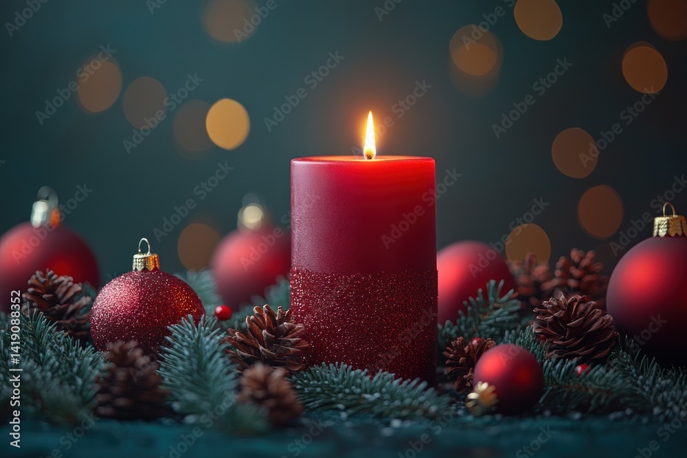 Glowing Red Christmas Candle with Festive Greenery and Ornaments in Soft Bokeh Light Glowing Red Christmas Candle with Festive Greenery and Ornaments in Soft Bokeh Light