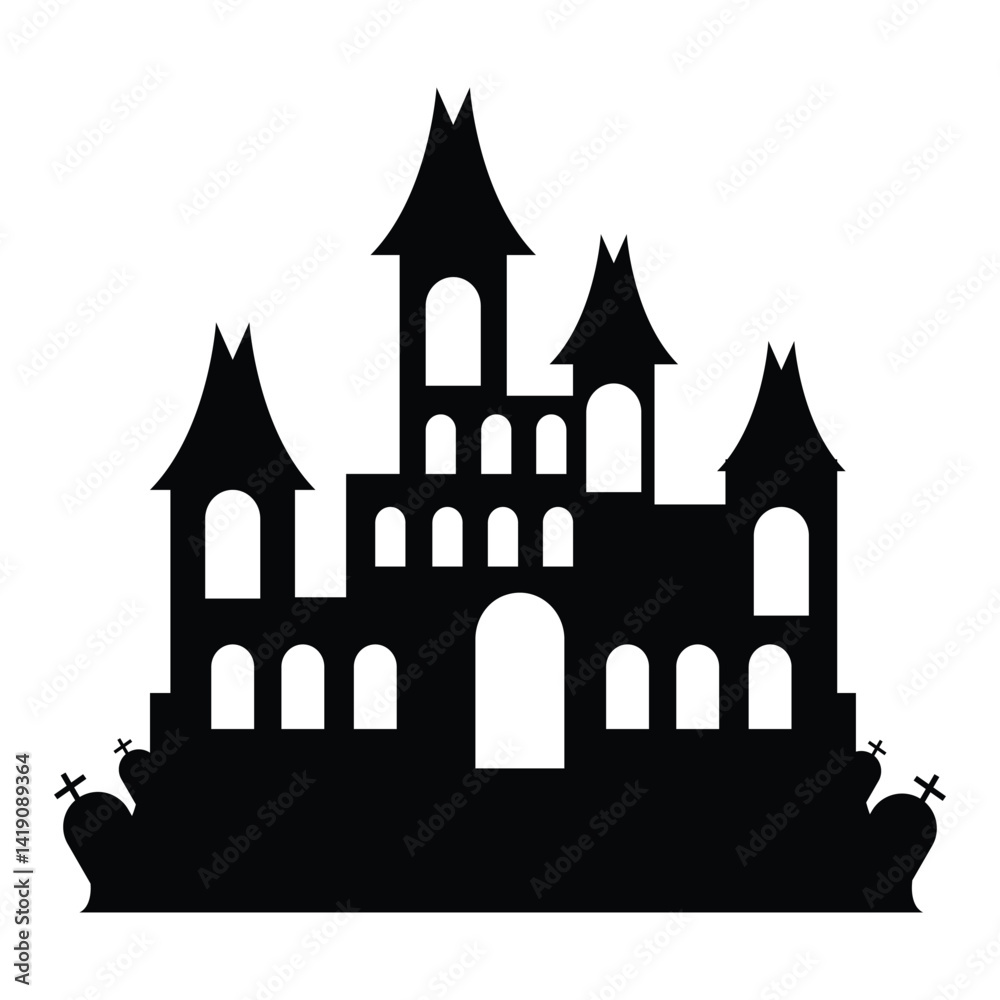 Scary Halloween House Silhouette on White Background