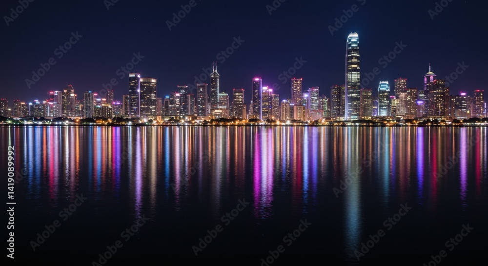 Fototapeta premium Night City Skyline Reflection in Water