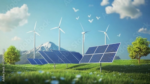 Renewable energy banner with wind turbines and solar panels